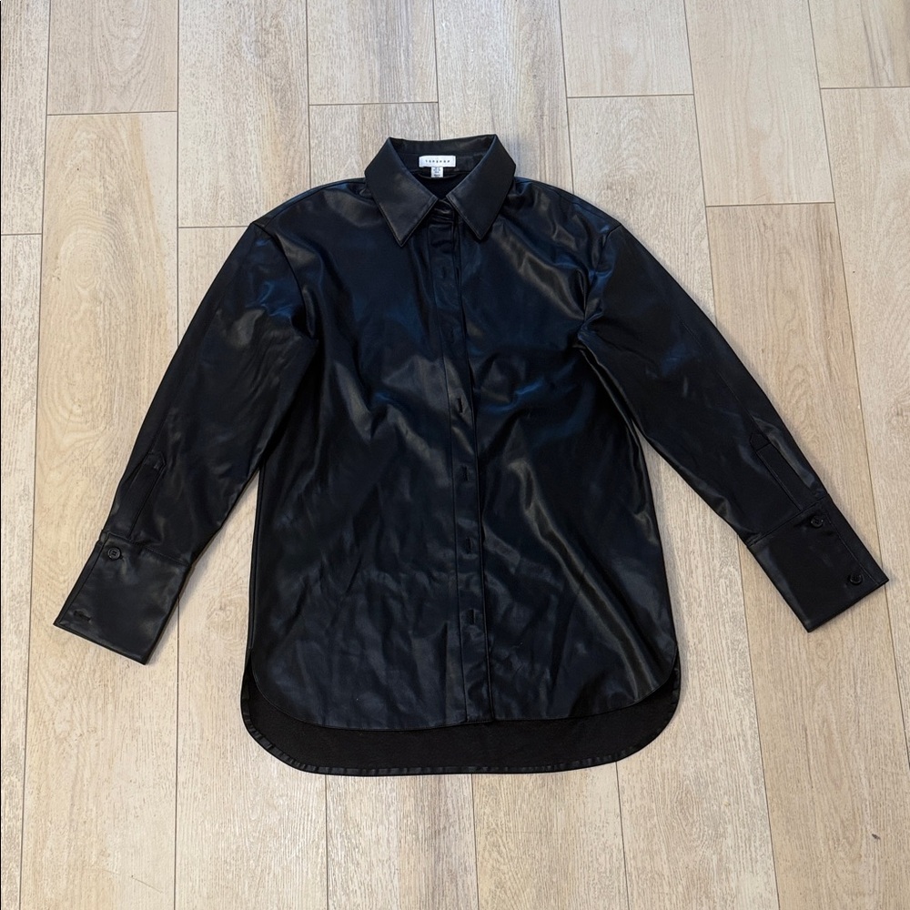 Topshop Black Leather Long Sleeve Button Down Size 8